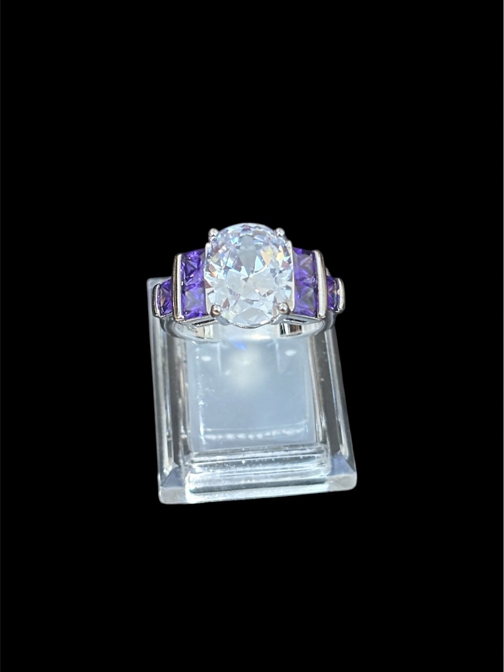 Silver Oval White CZ Ring with Purple Accent Stones